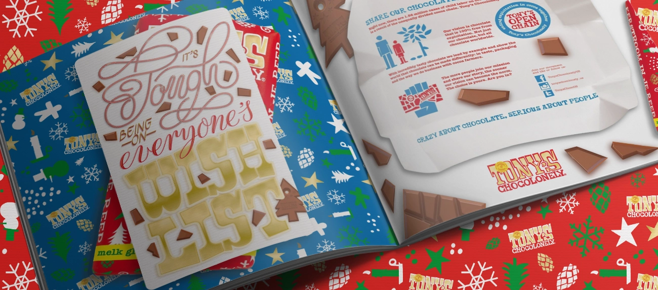 Mockup Brochure Square: It’s Tough Being on Everyone’s Wishlist Part of Portfolio Item: Christmas Message Tony's Chocolonely