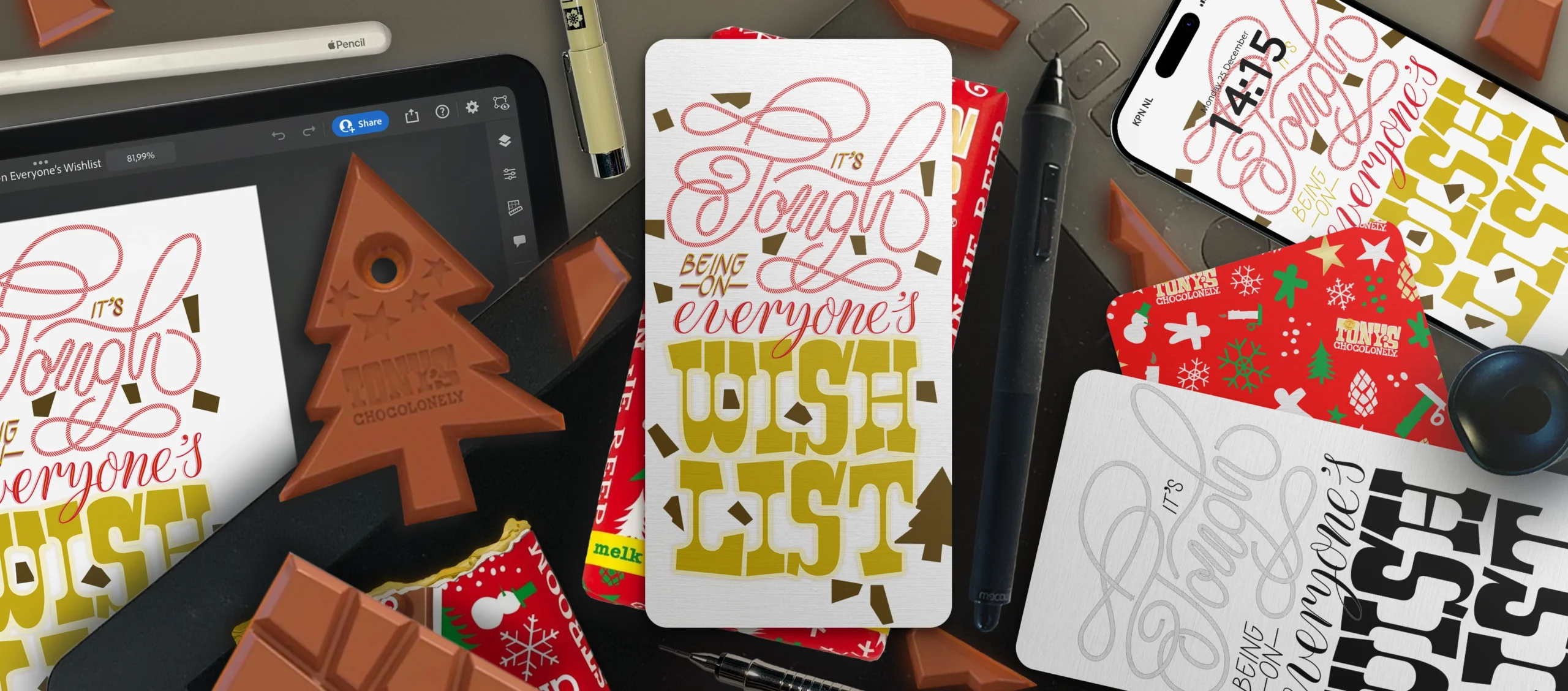 Mockup Digital Drawing: It's Tough Being on Everyone's Wish List. Part of Portfolio Item: Christmas Message Tony's Chocolonely